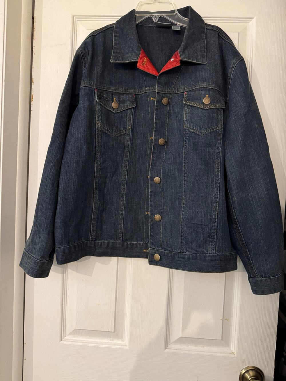 Chico's Dark Wash Denim Jacket Size 2 (US L / 12) Red Velvet Trim Button